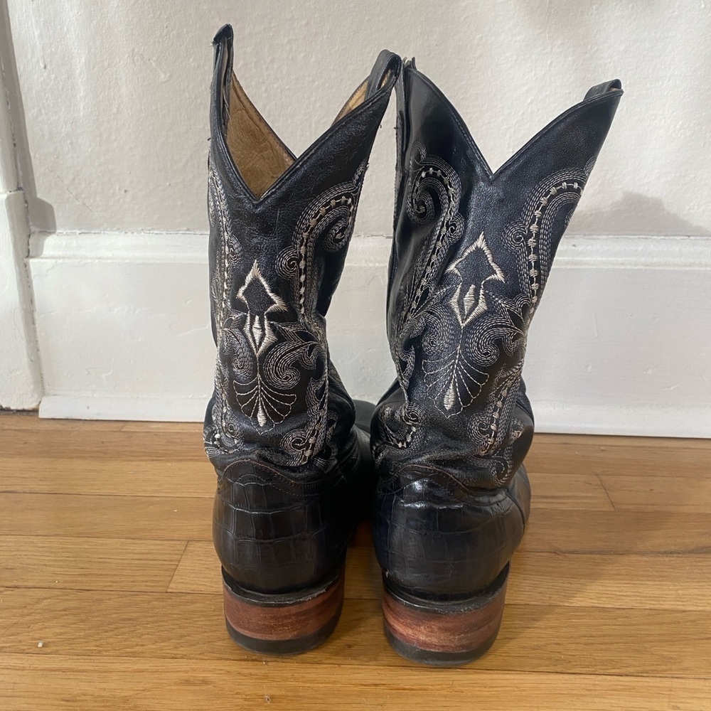 FERRINI Cowboy Boots Black Teju Lizard Skin with White Stitching Men Size 10.5 - Picture 4 of 9
